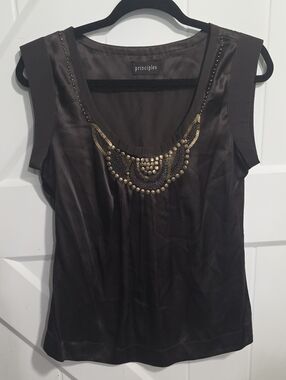 Brown 100% Silk Women's Sleeveless Embellished Top By PRINCIPLES